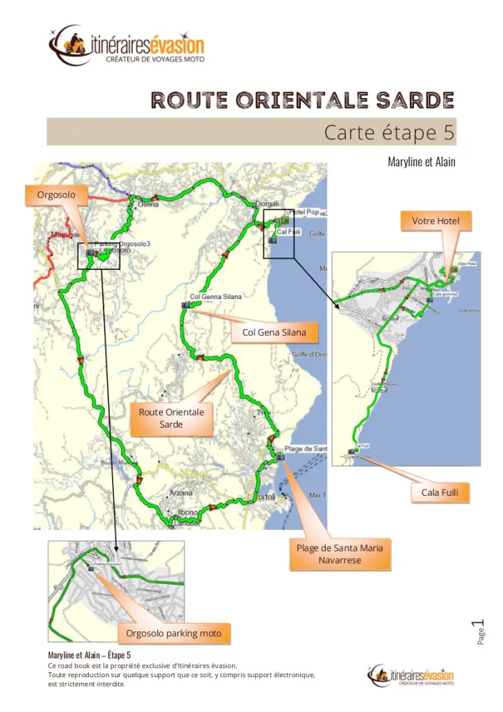 Extrait d'un roadbook moto en Europe : carte d'étape de la route orientale sarde